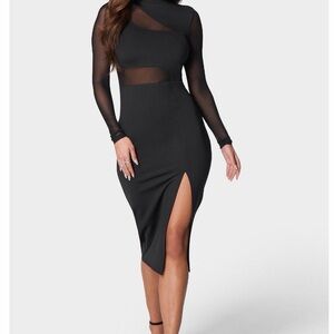 bebe Black Asymmetrical Dress with Sheer Sleeves